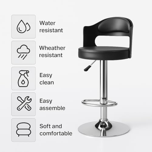 Image of Nityam Modern Style Bar Stool Chair for Kitchen Home Office Counter Shop, Adjustable Height with 360 Degree Rotate Swing, U Shape Back Rest, Comfort & Soft Seat, (Color-Black, Set of 2)
