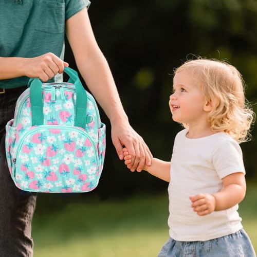 Image of Bluboon Toddler Backpack for Girls Boys 2-4 Cute 12 inch Preschool Kindergarten Backpacks Kids Daycare Bags School Travel (Pink Strawberry Flower - Mint Green, Age 2-4 (12 inch H not Fit A4 Folder))