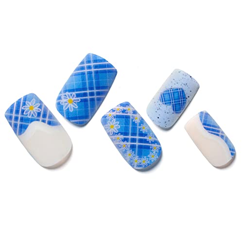 Press on Nails Short Square GLAMERMAID, Nude Blue Grid Acrylic Matte Fake Nails with Heart Design Stick Glue on Nails Re