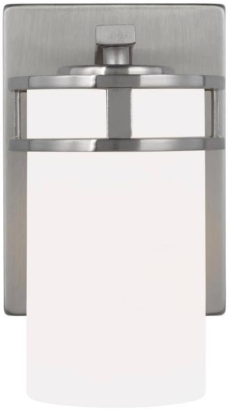 Generation Lighting 4121601-112 Robie Etched/White Glass Cylinder Wall Sconce Lighting Fixture, 1-Light 75 Watt, 8" H x 5" W, Midnight Black