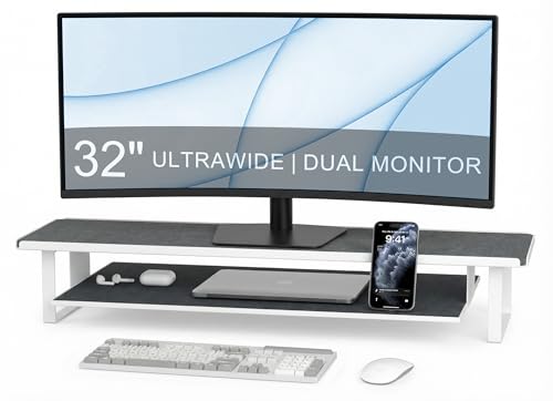 Dual Monitorständer Erhöhung 80cm Schwerlast Karbonstahl Bildschirmerhöhung 2 Ebenen mit Ausziehbarer Ablage für Handy & Tablet Ergonomischer Monitorständer Für Büro und Heimarbeit Weiß