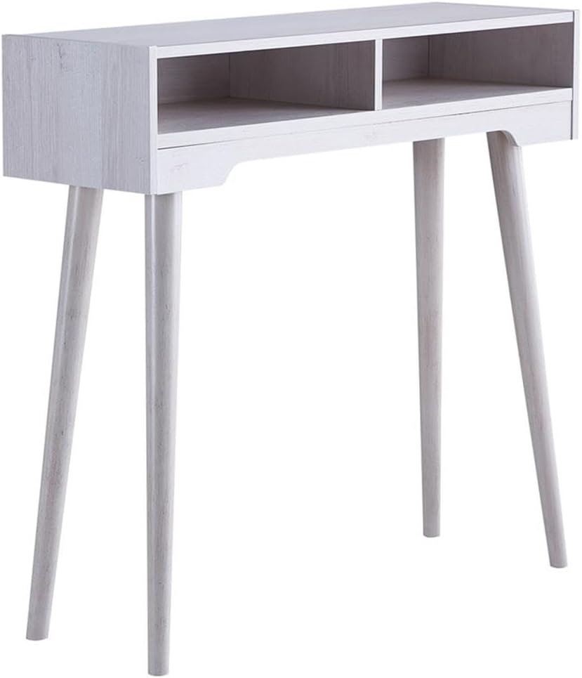 BOWERY HILL Contemporary Wood Console Table, Weathered White Finish, 36" W x 11.5" D x 33.75" H, MDF and Particle Board, Flared Legs, Two Shelves, Modern Style for Living Room or Entryway
