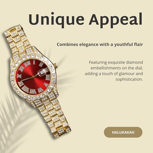 Image of Halukakah Diamonds Gold Watch Iced Out for Boy Teens Kids - 18K Real Gold /Platinum Plated,42mm Blue /Green /Red Dial,Japanese Quartz - 8 inch Length - Optional with Cuban Link Chain,with Watch Adjuster Tool