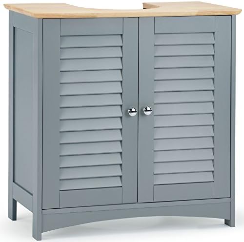 VonHaus Under Sink Bathroom Cabinet - Grey Bathroom Sink Cupboard w/Solid Rubberwood Top - Under Basin Cabinet w/ 2 Internal Shelves & Shutter Style Doors - Storage Unit for Bathroom - Shrewsbury
