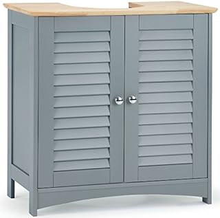VonHaus Under Sink Bathroom Cabinet - Grey Bathroom Sink Cupboard w/Solid Rubberwood Top - Under Basin Cabinet w/ 2 Internal Shelves & Shutter Style Doors - Storage Unit for Bathroom - Shrewsbury