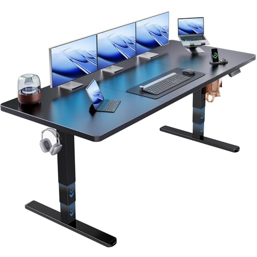 Image of HUANUO 70x30 Inch 3-Stage Legs Electric Standing Desk, Large Height Adjustable Office Desk with Brushless Motor, Stand Up Desk with 4 Memory Presets & 2 Hooks, Computer Desk for Home Office, Black