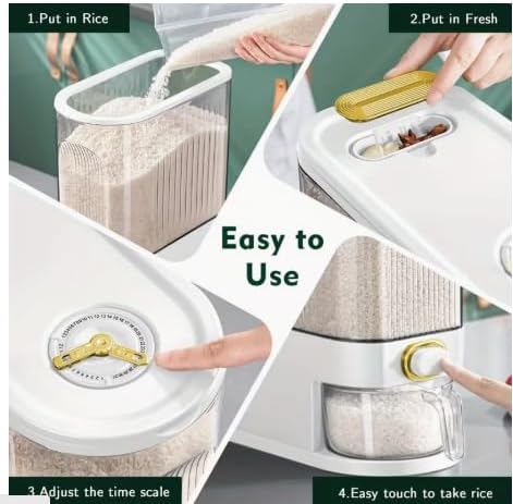 Large Capacity Rice Storage Container with Measuring Cup and Time Markings, Kitchen Organization Dispenser for Grains and Dry Foods, White