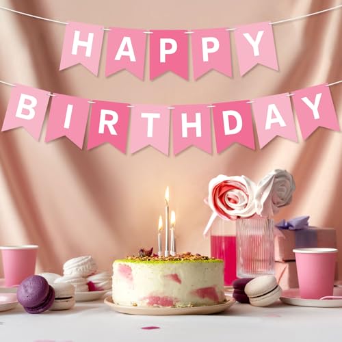Image of Happy Birthday Banner Pink Birthday Party Banner Garland Sign for Kids Girls Baby 1st Birthday Tea Party Decorations Bunting Flag Spa Birthday Party Supplies