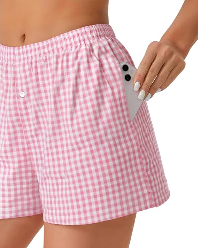 Image of Women Boxer Shorts Summer Gingham Pj Casual Plaid Bottoms with Pocket