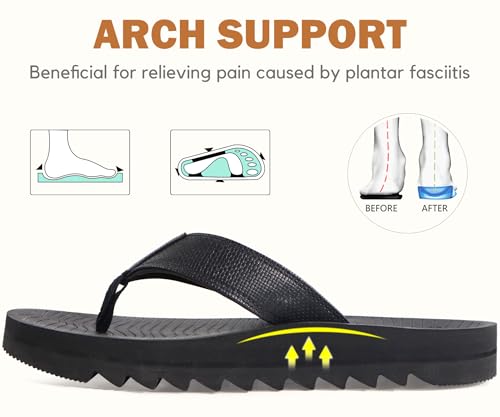 COFACE Men's Flip Flops With Arch Support Comfort Yoga Mat Orthopedic Thong Sandals for Man 2025 Leather Beach Flip-Flop Size 9 AllBlack Non-Slip Soft Cushion Footbed - Image 2