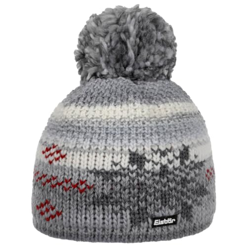 Eisbär IKE Pompon Beanie Mütze Strickmütze Wollmütze Wintermütze Damen/Herren - Made in the EU mit Umschlag, Umschlag Winter Herbst-Winter - One Size grau