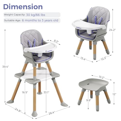 Image of MOMFANN 6-in-1 Convertible High Chair for Babies and Toddlers, Natural Wood Toddler High Chair with Adjustable Tray & & 5-Point Harness, Dishwasher-Safe