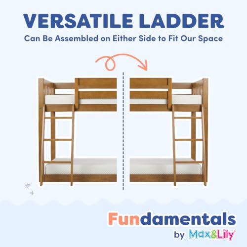 Image of Max & Lily Fundamental Twin Low Bunk Bed, Kids Solid Wood Modern Bed Frame with Strong Wooden Slats, Non-Toxic Finishes, High Weight Capacity, Pecan