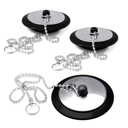 Lot de 3 bouchons de baignoire universels avec chaîne, bouchon d'évier de salle de bain, bouchon de vidange pour salle de bain et cuisine (taille 4,3 cm, chaîne 40 cm)