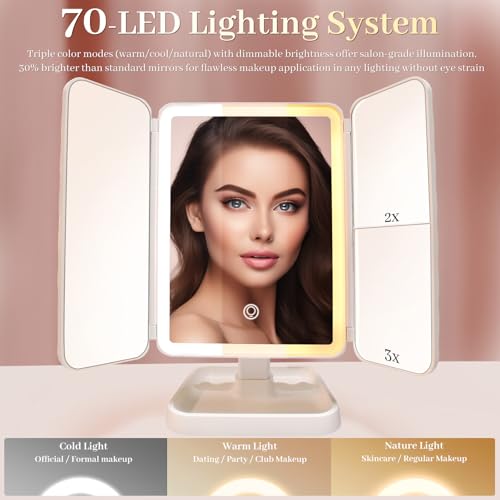 Espejo de maquillaje LED tríptico con luces y aumento 3X miniatura 3