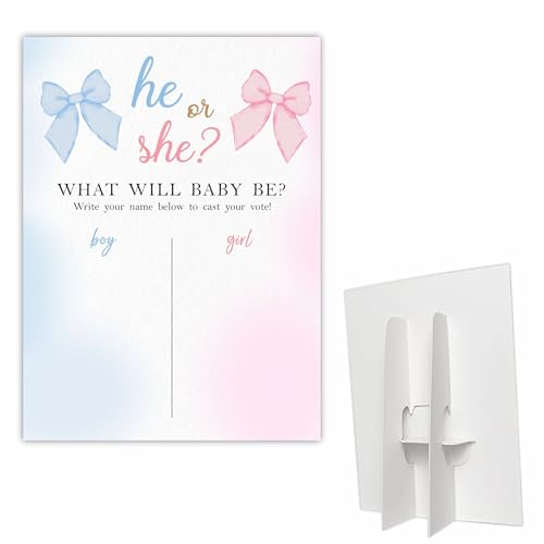 Baby Shower Gender Reveal Sign Board With Stand - 11X15" He Or She Watercolor Bowknot Keepsake, Boy Or Girl Voting Game For Baby Shower, Party Favor & Decorations - A05