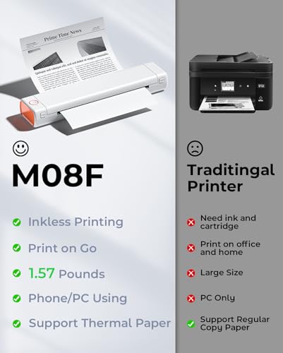Image of Phomemo Portable Printers Wireless for Travel, M08F Thermal Bluetooth Printer Support for 8.5x11 US Letter, Small Inkless Printer Compatible with iOS, Android, Laptop for Car, Office, Home.