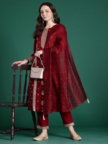 Image of INDO ERA Women's Straight Silk Blend Ethnic Motifs Embroidered Kurta & Pant with Dupatta Set (KH9MR10449)