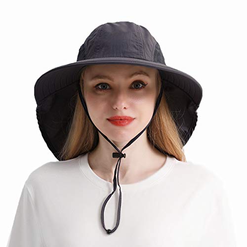 Outdoor Upf 50+ Sun Protection Safari Cap Packable Sun Hat Wide Brim Fishing Hat With Neck Flap For Men Women (Dark Grey) #TOP10