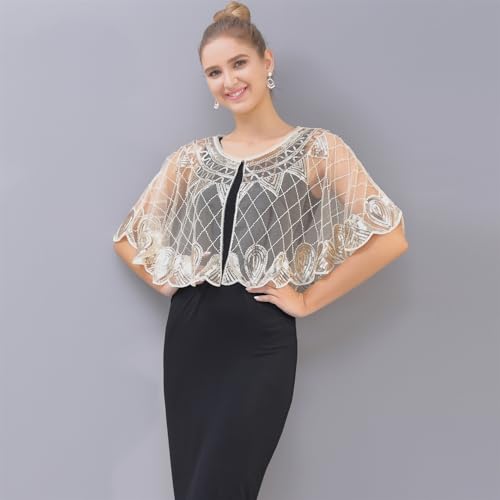 GIBZ Sequin Shawl and Wraps for Evening Dresses, 1920s Tulle Cover Up, Vintage Cape for Gatsby Party4