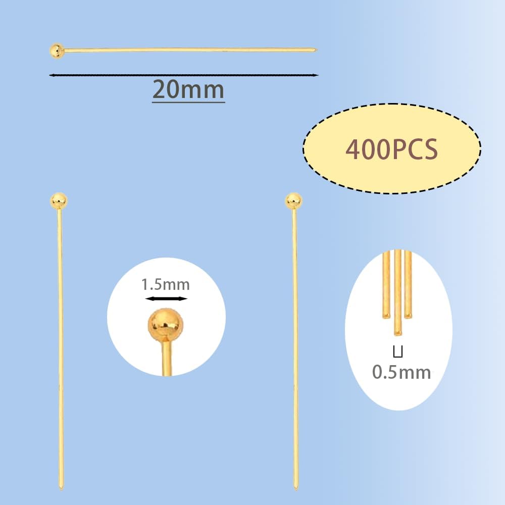 14K Gold Plated Ball Head Pins Non Tarnish 20mm 400pcs Satin Pins End Headpins Satin Straight Head Pins for Pendant Crafting DIY Handmade Earrings Charm Making Accessories Findings