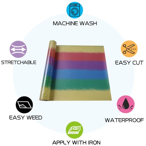 Image of RENLITONG Rainbow Glitter Iron on Vinyl - 12Inch by 5ft Roll HTV Heat Transfer Vinyl for T-Shirt HTV Rolls for All Cutter Machine - Easy to Cut & Weed for Heat Transfer Design (J018)