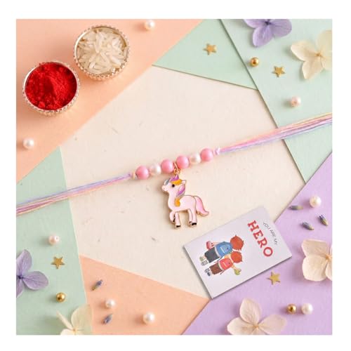 Image of ascension Unicorn Kids Rakhi with You Are My Hero Fridge Magnet & Roli Chawal Tilak Set | Cute Cartoon Designer for Boys & Girls | Raksha Bandhan Gift Combo for Brother | Premium Thread Rakhi