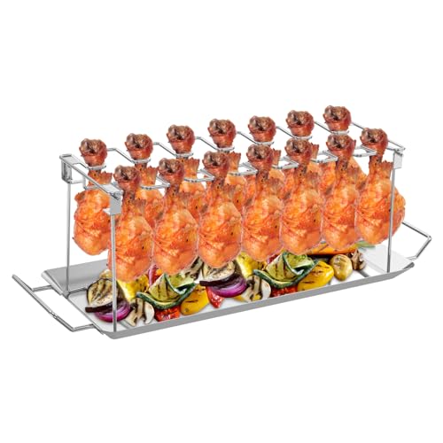 Chicken Leg Rack for Grill with Drip Tray, 14 Slots Stainless Steel Chicken Lollipop Rack, Non-Stick, Dishwasher Safe, Easy Cooking, Perfect for Smoker Grill, Oven, Charcoal Grill, BBQ Accessories