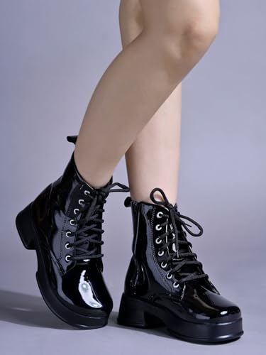 Image of Shoetopia Women's Patent Lace-Up Ankle Boots - Chunky Platform Heel Combat Style Comfortable Fashion Booties