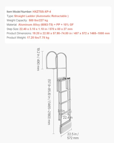 Image of VEVOR Retractable Dock Ladder, 5 Steps, Aluminum Alloy Pontoon Boat Swim Ladder with Auto-Lift Float, Non-Slip Wide Steps, Adjustable Height, 500 lbs Weight Capacity, for Lake Swimming, Pool, Boat