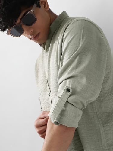 Image of Urbano Fashion Men's Linen Blend Full Sleeve Relaxed Fit Mandarin Collar Casual Solid Shirt