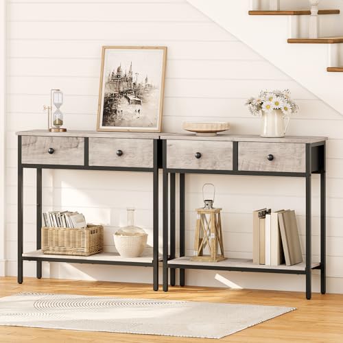 Image of HOOBRO 29.5 inch Narrow Console Table with 2 Fabric Drawers, Small Entryway Table with 2-Tier Storage Shelves, Sofa Table, Behind Couch Table, for Living Room, Hallway, Greige and Black BG71XG01