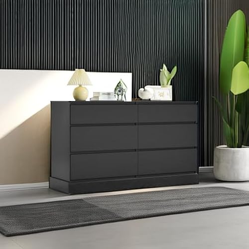 Hasuit 6 Drawer Double Dresser, 51.5\'\'W Wooden Storage Chest of 6 Drawers, Large Capacity Clothing Storage Cabinet, Wide Black Dresser for Bedroom