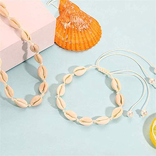 Natural Shells Necklaces Bracelet for Women Girls Hawaii Adjustable Beach Cowrie Seashell Beads Choker Bracelet Summer Shell Jewelry Set (White)