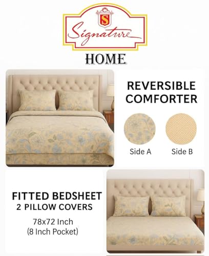 Image of Signature Reversible Super Soft Double Bed Comforter /Quilt Set 350 GSM - 88x90 inches | King Size Fitted Elastic Bed Sheet with 2 Pillow Covers | All-Season Ultra Cozy Bedding Set (Meadow Whisper)