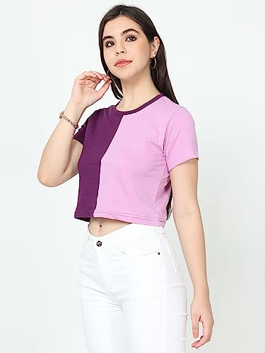 Image of FLEXIMAA Women's Cotton Plain Round Neck Half Sleeve Crop Top