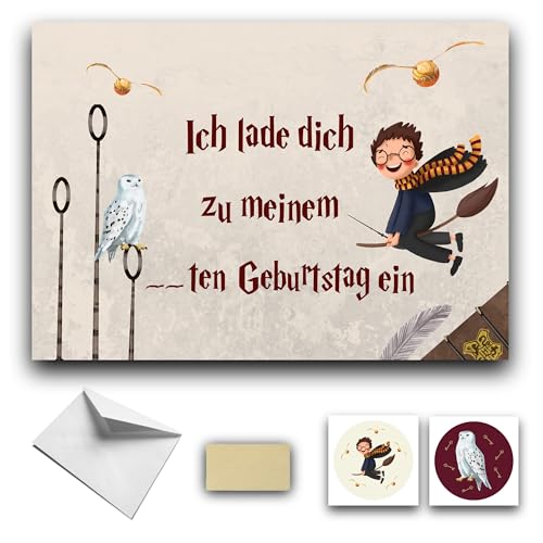 RXLITE Premium Kreativset 10 Einladungskarten Kindergeburtstag Kratzkarten Harry Potter Thema: 10 Karten, 10 Umschläge, 10 Sticker, 10 Kratzaufkleber für magische Geburtstagsfeiern mit Freunden