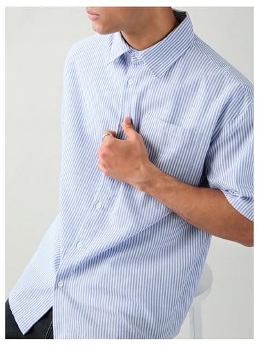 Men's Striped Oversized Tshirts Button Up Letter Patched Half Sleeve Baggy Shirt4