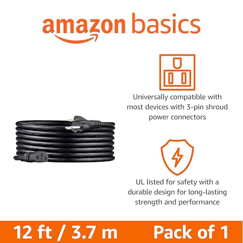 Image of Amazon Basics PC Power Cord, 12 feet, Replacement AC Power Cord for Computer, Monitor, TV, Printer, 3 Prong, 18 AWG, 125 Volts, Black