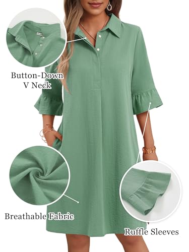 Image of HUHOT Womens Casual Shirt Dress Business Work Ruffle Sleeve Button Down Solid Color Summer Dress with Pockets