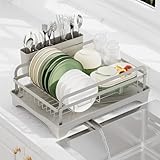 HOMEBOSILY Dish Drying Rack - Space-Saving Dish Rack,Dish Racks for Kitchen Counter with Drainboard,Rustproof Countertop Dish Drainer with Utensil Holder for Sink Grey