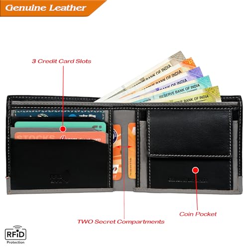 Bilfold Wallets For Men With 2 Hidden Compartment | Credit Card Wallet | Leather Wallet For Men | RFID Men's Wallet | With Coin Pocket (Black)3
