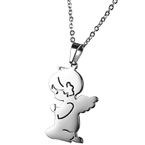 Flongo Acier Inoxydable Pendentif Collier Adorable Fille Ange Prière Chaîne 45cm Couleur Argent Charme Bijoux Cadeau pour Femme Fille