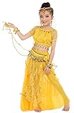 Girls Belly Dance Top Skirt Set Halloween Costume with Head Veil,Waist Chain(Yellow,L)