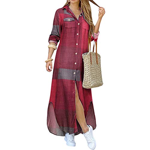 HUIOP Vestido feminino vintage, Vestido de camisa feminina vintage xadrez com correntes estampadas g