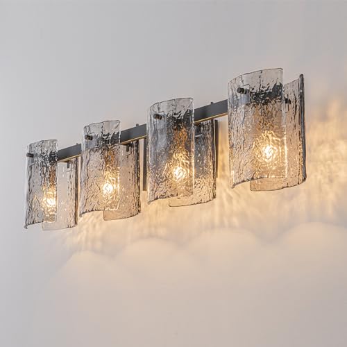 Image of EDISLIVE Vintage Bathroom Vanity Light Black 4-Light Bath Wall Light Fixture with Ripple Block Shades Glass 32.9 inch E12 Antique Wall Sconce for Bedroom Hallway Living Room Vanity Mirror