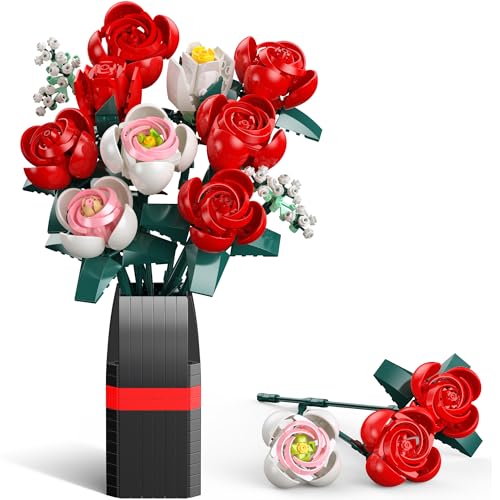 Construction de Bouquet de Fleurs, 11 Roses Éternelles avec Vase, 841 PCS Artificielle Flower, Cadeau de Elle ou Lui Saint-Valentin, Anniversaire, Fête des Mères pour Adultes et Enfants