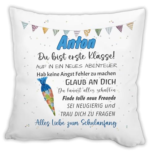 Unikatolo Kissen Schulkind BLAU mit Name personalisiert Bedruckt