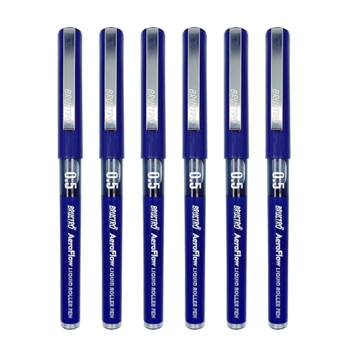 Image of BRUSTRO AeroFlow Liquid Ink Rollerball Pens | Blue | 0.5mm, Micro Tip | Pack of 6| Ideal for Students, Professionals, Office, Exam use, Accurate Smooth Writing, Fade Resistant
