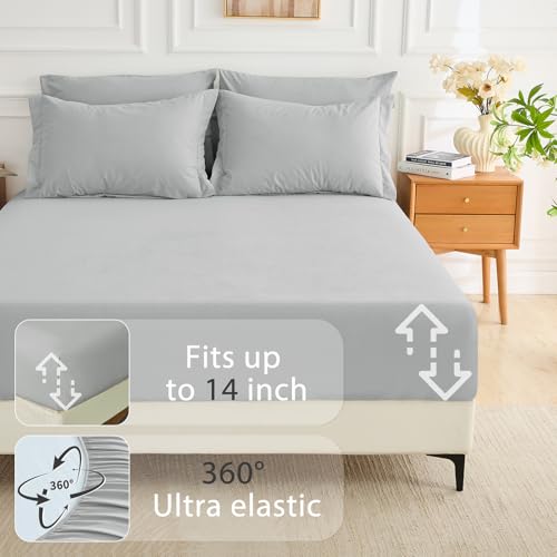 MUXHOMO 7 Pieces California King Comforter Set, Soft Bed in a Bag Cal King Size, All Season Bedding Set with Comforter, Flat Sheet, Fitted Sheet, Pillowcases & Shams, Light Grey